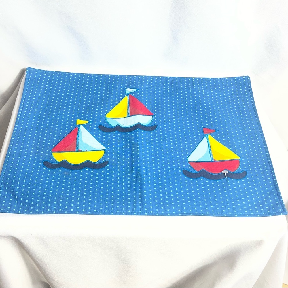 Set of 2 Nautical Sailboat Blue Polka Dot Placemats Coastal Kids Room Decor
